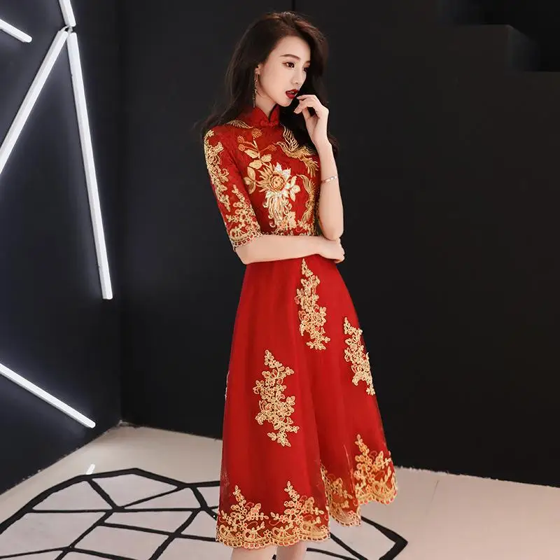 Винтажное женское вечернее платье, тонкое китайское свадебное платье Cheongsam с кружевным цветком, банкетное платье Qipao большого размера 3XL, платье Vestidos - Цвет: Style D