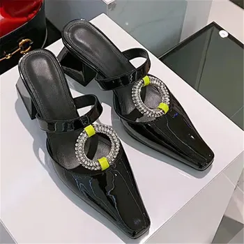 

Crystal Pumps Women Mules Summer White Black Chunky Square Med Heels Slip on Shoes Woman Fashion Rhinestone Sandals Slippers