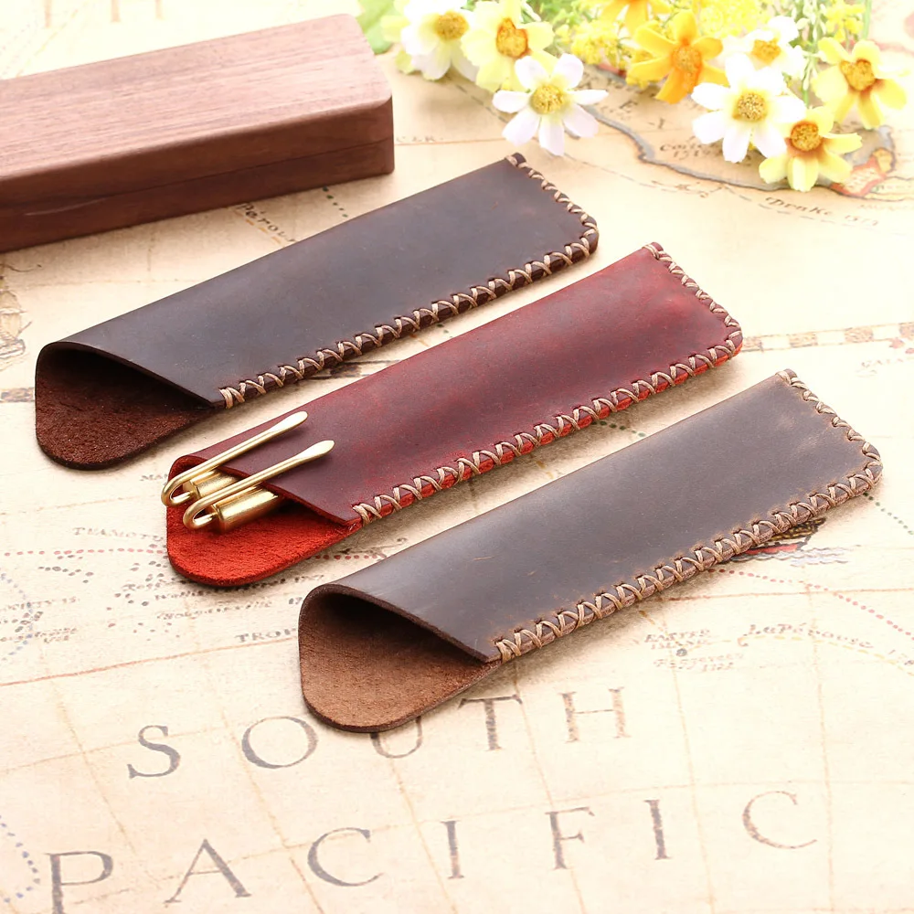 High Quality Genuine Leather Pen Pouch Holder Vintage Retro Fountain Ballpoint Pens Bag Stationery Pencil Case Supplies