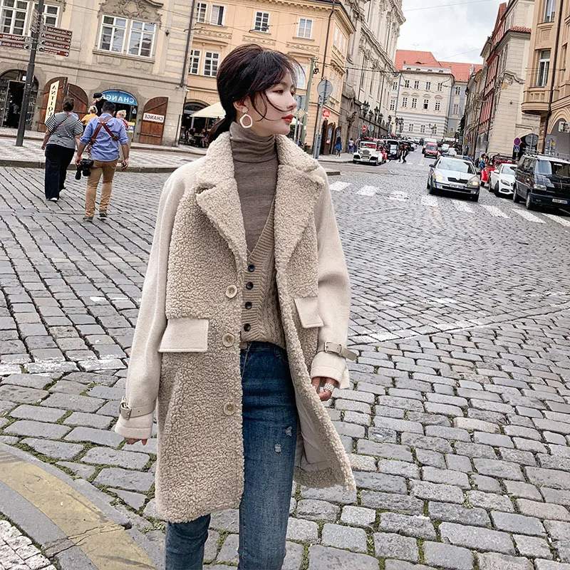 

Photo Shoot 2019 Autumn & Winter New Style CHIC Korean-style Loose-Fit Mid-length Lambs Wool Joint Yarn Cotton Coat Women's