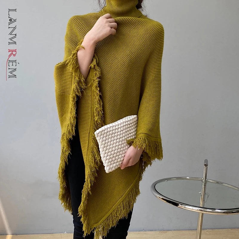 LANMREM 2021 Autumn Winter New Women Pullover Sweater High Neck Solid Color Tassel Shawl Female Fashion 2W045 |