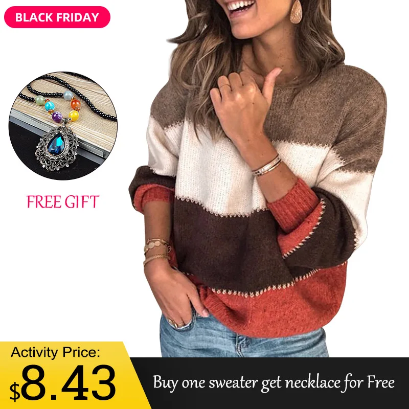 Knitted Sweater Woman New 2019 Casual Patchwork Color Block Womens Sweaters Autumn Winter Warm Women's Knit Loose Pullover Women | Женская