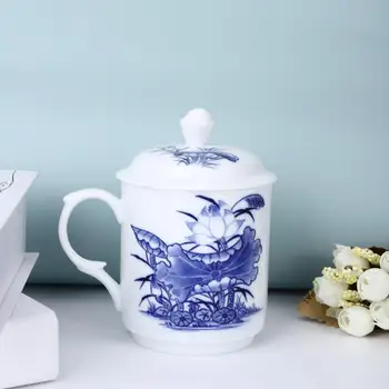 

Hand Painted Blue And White Porcelain Cup With Lid Ceramic Office Thin Edge Translucent Mug Classical Oriental Cup 330ML