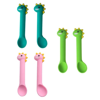 

2Pcs/Set BPA Free Silicone Cute Cartoon Dinosaur Baby Feeding Spoon Infant Learning Training Utensils Tableware