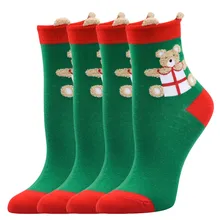 4 пары, хлопковые Рождественские теплые носки Meias с объемными рисунками животных, носки с рисунками, Рождественский принт лося, носки средней длины, носки с рисунком