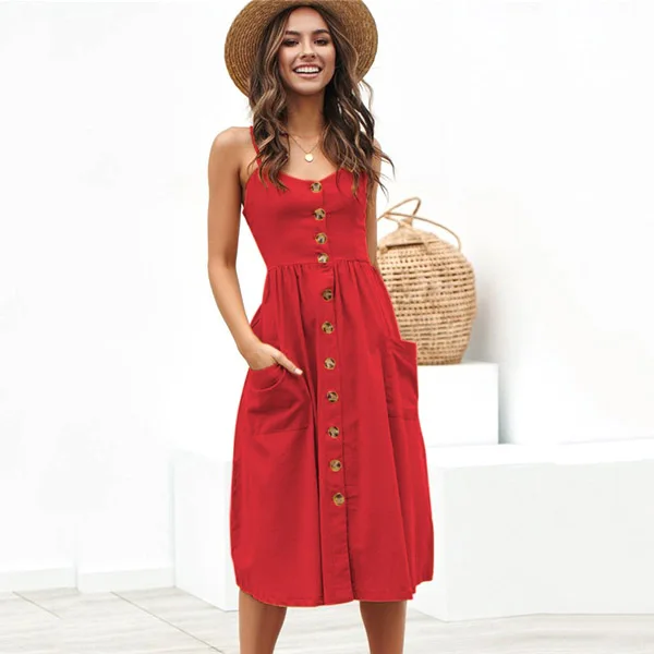 TS8022-RD Сексуальные вечерние сарафан Boho женское летнее платье Повседневное платье миди с открытой спиной и пуговицами в горошек, Полосатое цветочное пляжное платье женское - Цвет: TS8022-RD