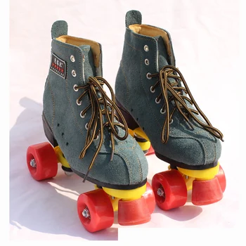 

Double Line Adult Women Men Indoor Quad Parallel Cow Leather Cowhide Skates Shoes Boots 4 Wheels PU Brake Wear-Resisting Lace-Up