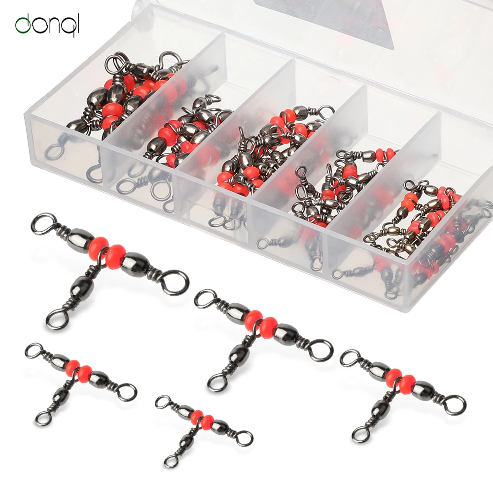 

DONQL 50Pcs 3 Way T-shape Fishing Connector Rolling Swivel Ring Fishhook Lure Line Connector Combination Size Fishing Accessory