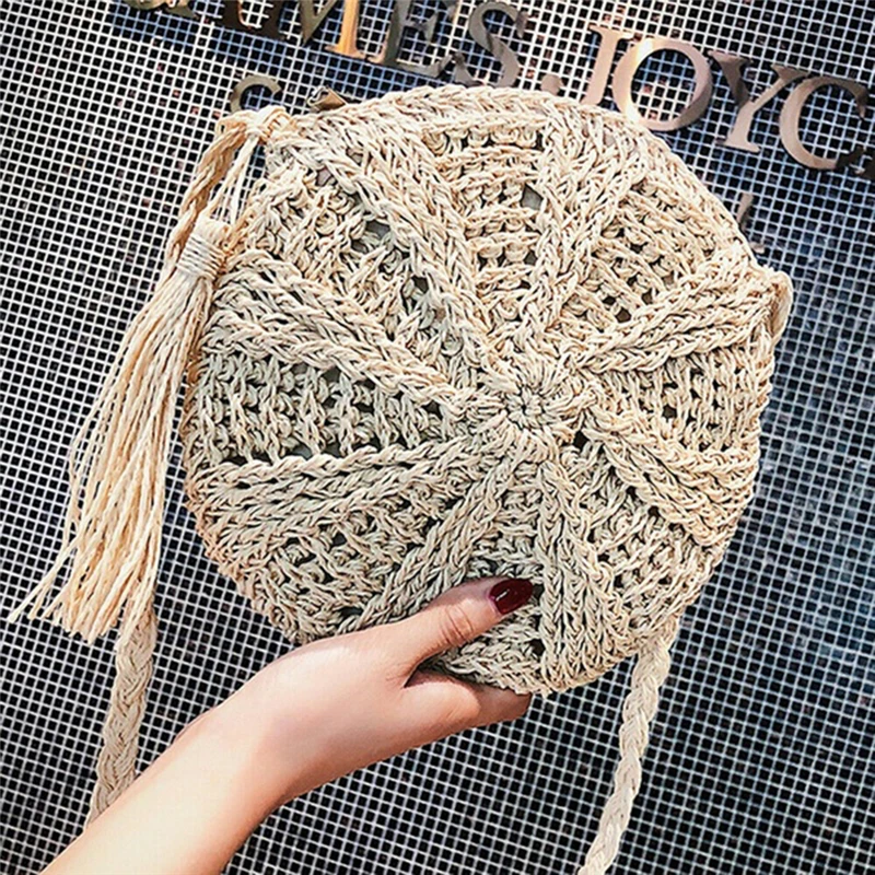 

Ladies Shoulder Bag Round Circular Rattan Wicker Straw Woven Zipper Summer Fashion Beach Basket Purse Female Handbag