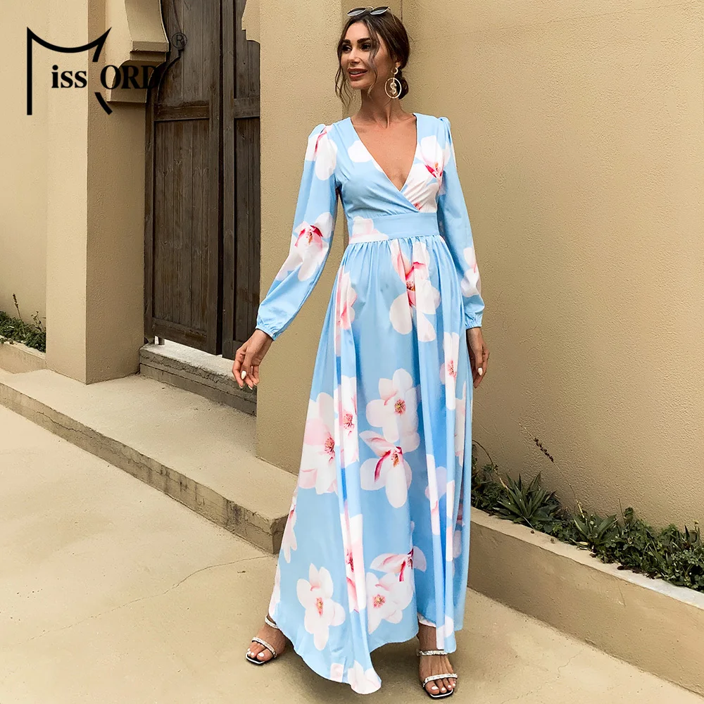 Missord Sexy Deep V Neck Boho Beach Dress Women Long Sleeve Floral Print Dress Casual High Waist Maxi Party Dress Vestido M0582