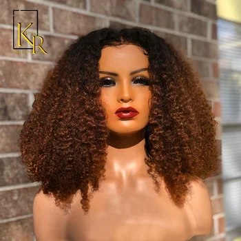 

150% Ombre T1B/27 Color180% Afro Kinky Curly13x4 Lace Front Human Hair Wig 130% Density Remy Brazilian PrePlucked Bleached VSBOB