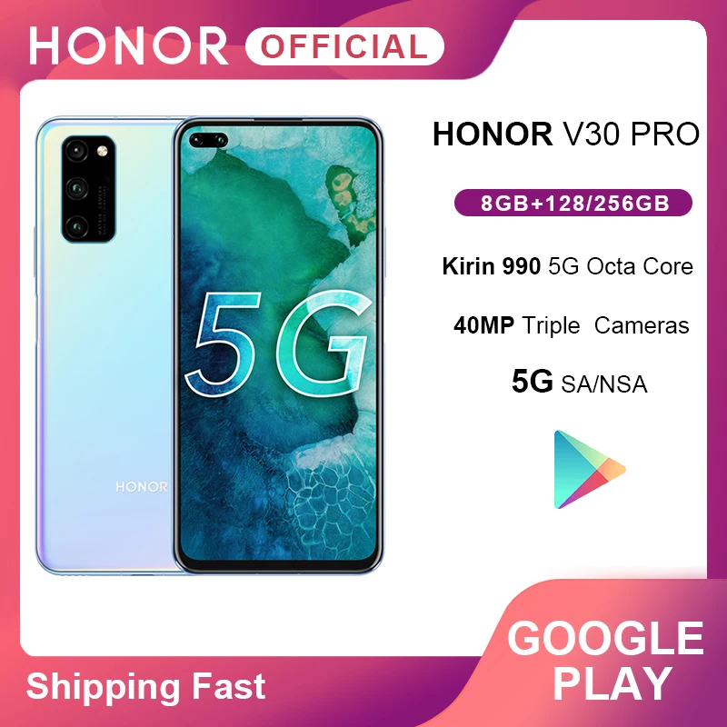 Honor V30 Pro смартфон Google Play Kirin990 5G 7 нм Восьмиядерный 128 ГБ 256 16 ядер GPU 40mp тройная