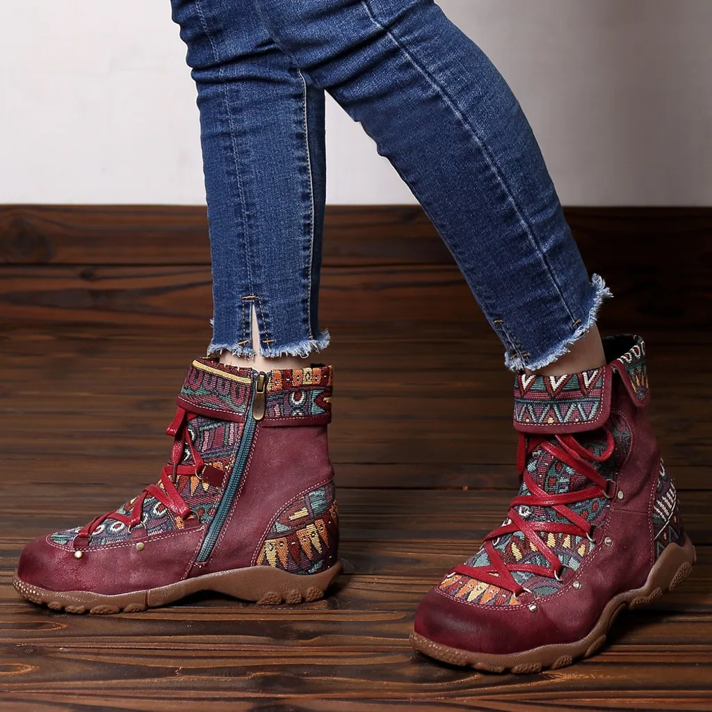 Женские ботинки; женские ботильоны в стиле ретро с вышивкой для отдыха; удобные ботинки на плоской подошве со шнуровкой; обувь из искусственного материала; zapatos mujer