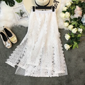 

HISUMA 2020 summer new female Sweet High Waist Slim embroidery lace fairy A-line Skirt women's elegant gauze irregular Skirt
