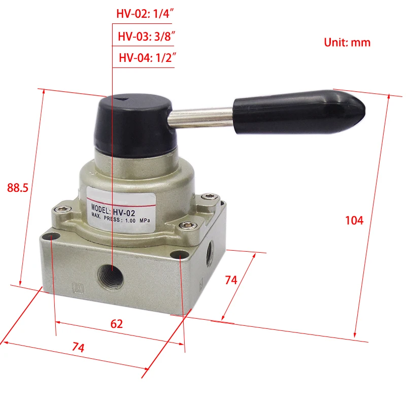 HV-02 HV-03 HV-04 4 Порты и разъёмы 3 позиции 1/" 3/8" 1/" BSPT рука привелась в действие пневматический клапан Роторный Ручной Управление