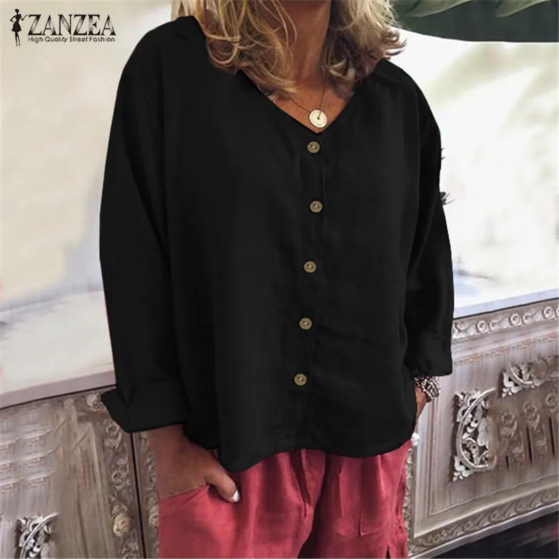 Женская хлопковая льняная блузка ZANZEA осеннее элегантное платье-рубашка с v-образным вырезом и длинными рукавами на пуговицах Женская однотонная блузка 5XL