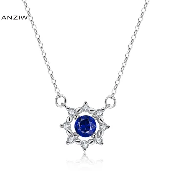 

Fashion 925 Sterling Silver White/Yellow Gold Color Created Blue Sapphire Flower Pendant Necklace 40+5cm Silver Chain Jewelry