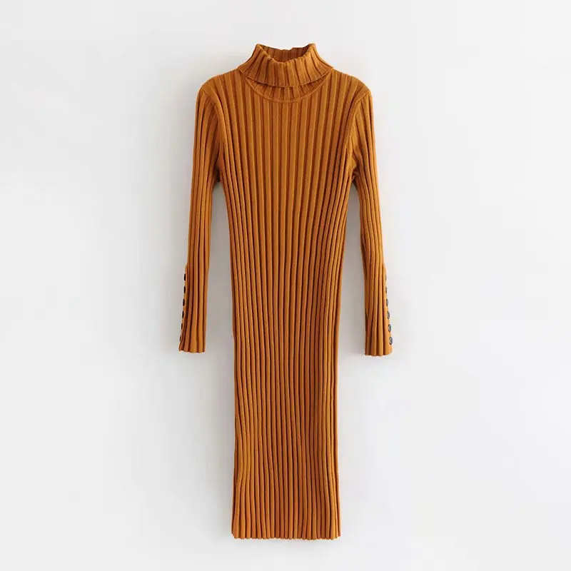 

04dw-8009 Europe And America WOMEN'S Dress 2019 Autumn New Style Row Ornament High Collar Long Jersey Dress