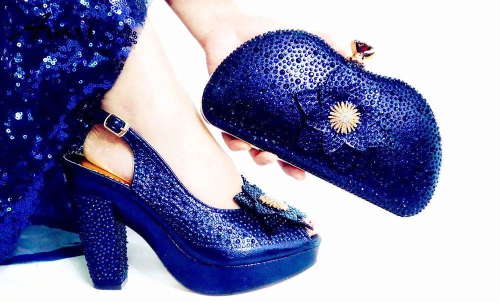 

Navy blue italian shoes and bag matching set for big wedding party free shipping size 38-43 many stones shoes bag SB8456-4
