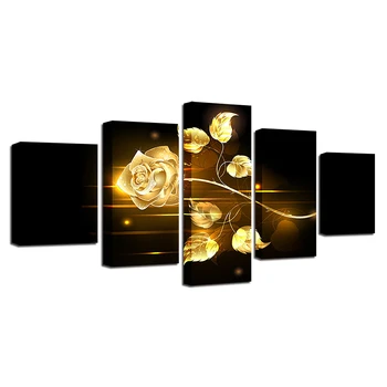 

Wall Art Modular Poster HD Printed Canvas 5 Panel Golden Flowers Living Room Pictures Home Decoration Modern Painting Frame