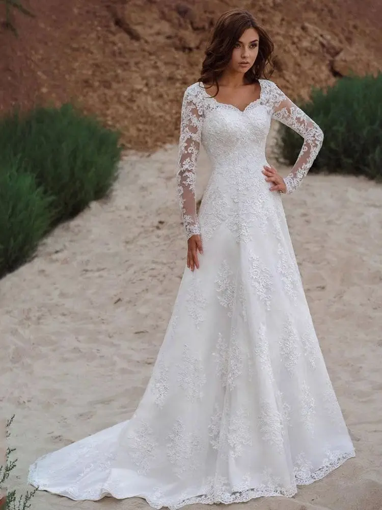 wedding dress for women Vestios De Novia Lace Up A-line Wedding Gowns V-neck Appliques Long Sleeves Garden Elegant Bridal Dresses with See hrough Back ball gown wedding dress