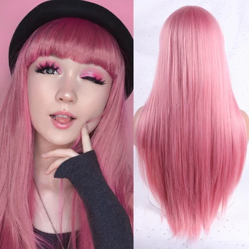 

LINGHANG Black Long Straight Wig With Bangs Synthetic Hair Wigs for Women 613 Blonde Red Heat Resistant Cosplay Wigs