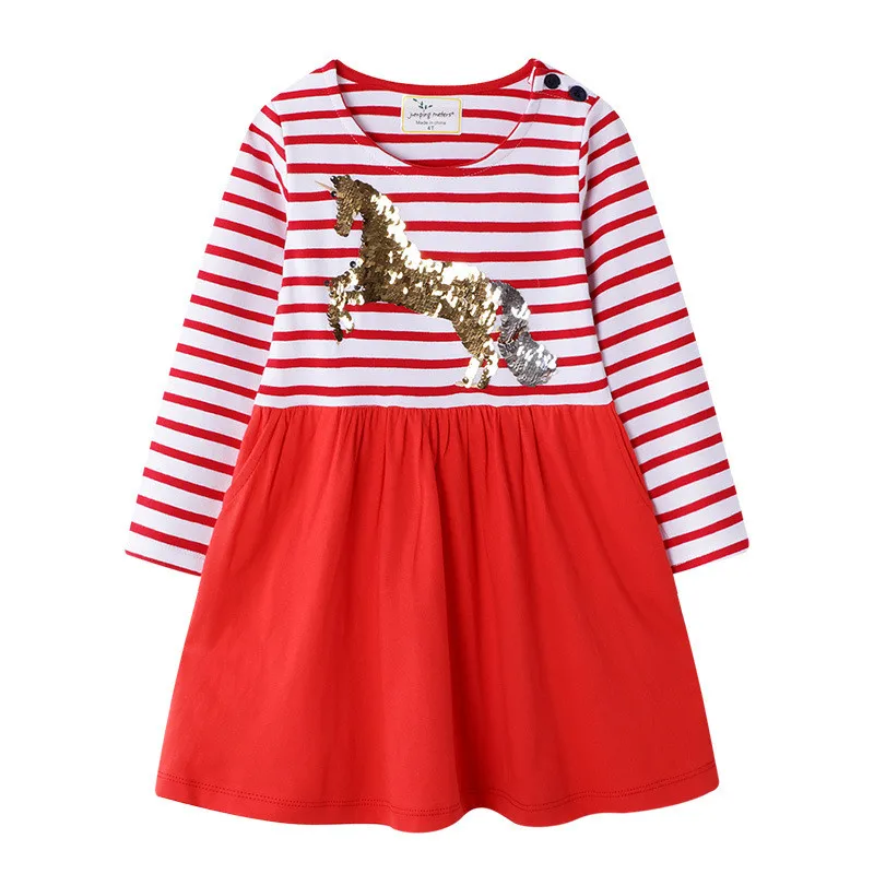 T7190 Unicorn stripe Jumping платья с длинными для маленьких девочек воротник хлопок детская одежда осень весна принцесса Мода Дизайн Дети платья для девочек - Цвет: T7190 Unicorn stripe