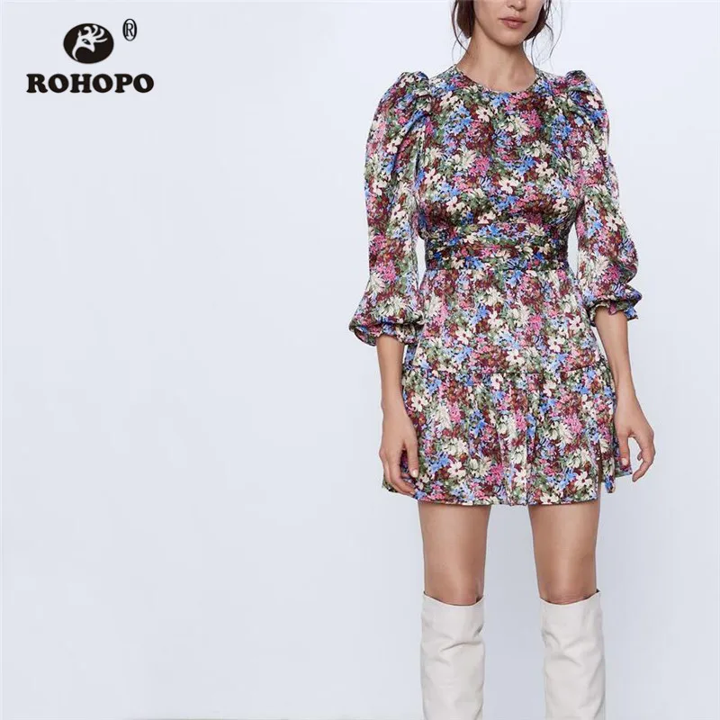 

ROHOPO Round Collar Ruffled Floral Mini Dress Back Split Draped Sleeve Cake Layers Elegant Autumn Printed Robe #9369