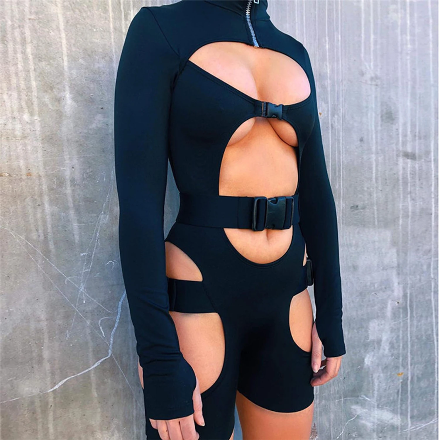 Women Bodycon Buckle Cut Out Biker 