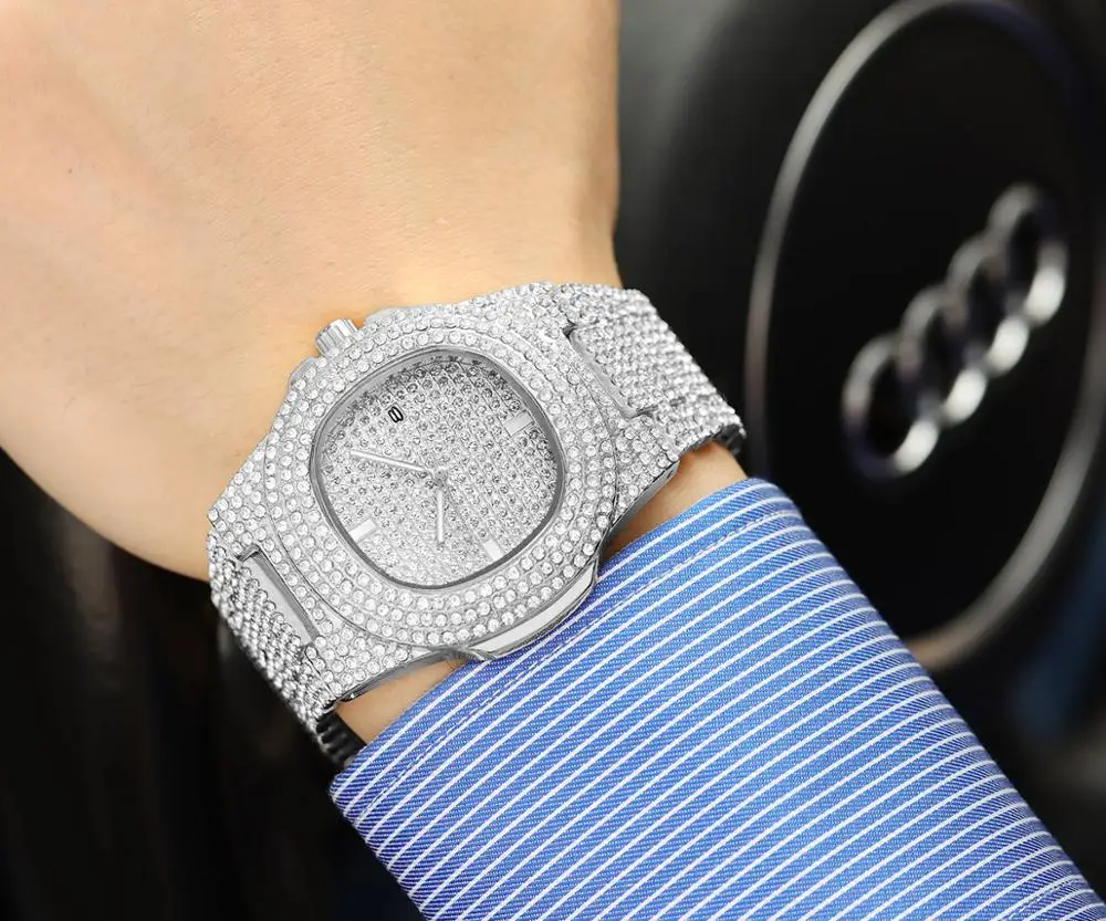 2020 Fashion Iced Out Watch Diamond Gold Silver Steel Women Mens Watches Top Brand Luxury Male Clock Quartz Calendar Wristwatch | Наручные