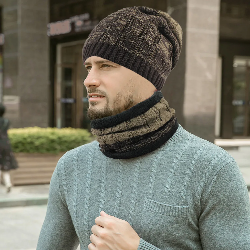 Вы уверены, что не нажмите и не увидите? Мужская теплая шапка зимняя Толстая вязаная ветрозащитная шапка и шарф комплект из двух предметов горячая распродажа