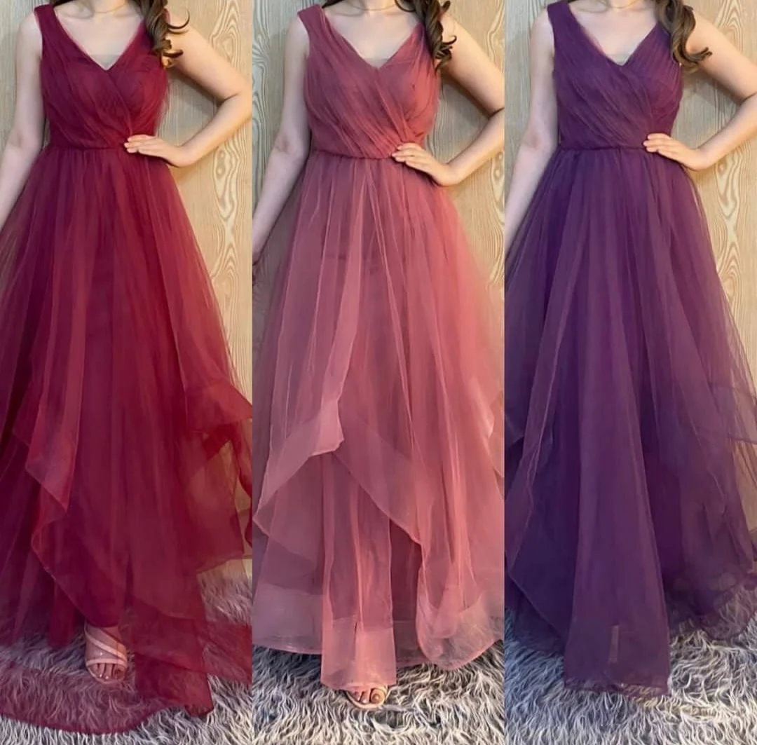 

Elegant A-Line Tulle Pleated Evening Dresses Long Corset Back Burgundy V-Neck Abendkleider Robes de Soirée for Women