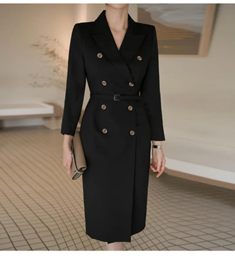 

Korean Occupation Temperament Dress Elegant Chic Double Breasted Sheath Bodycon Dress Business Party Vestidos Women Spring