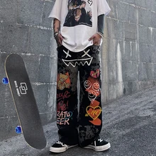 

2022 Super size Men's and women's Printed jeans Y2K Loose jeans Women's Hip Hop pants Jeans Black high waist pants Straight 5XL