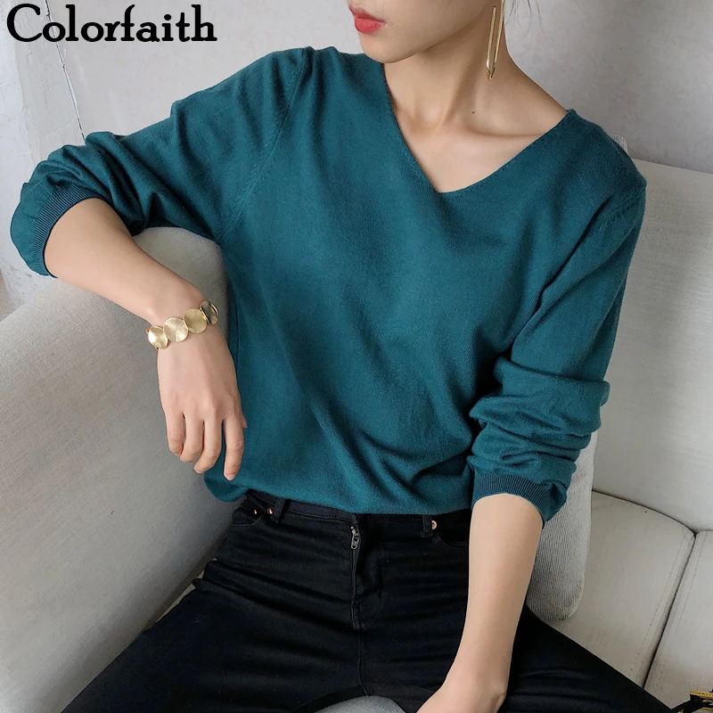 Colorfaith 2021 Spring Winter Women Sweater V-Neck Pullovers Minimalist Knitted Elegant Ladies Solid Multi Colors Tops SW1910 | Женская