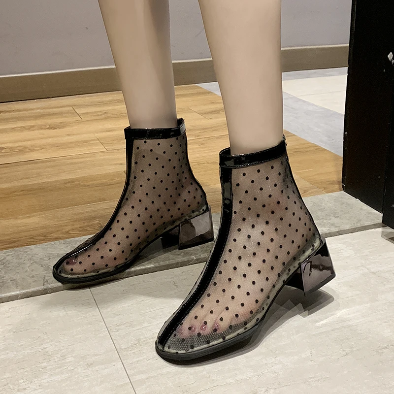 

Women's Boots Spring and Autumn New Style Mesh Square Head Zipper Thick Heel High Heel Short Tube Women's Shoes Plus Size 35-40
