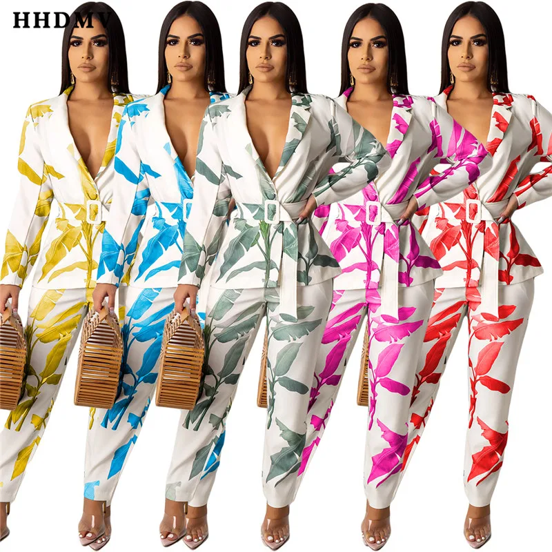 

HHDMV YY5080 fashion tooling style sets long sleeve lapel collocation belt top elastic long pants printed two piece sets