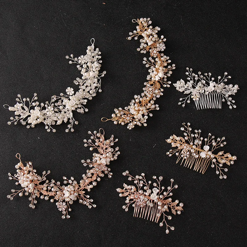 Slbridal Handmade Rhinestones Crystal Pearls Ceramic Flower Bridal Hair