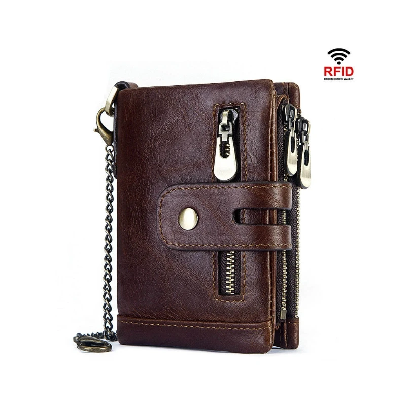 

Credit Card Leather Bifold Wallet RFID Blocking Double Zipper Cash Coin Purse
