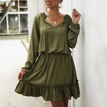 

Autumn Women Dress Simple Solid Color V Neck Sexy Long Sleeve Ruffle Slim Casual Dresses Hot Y5