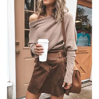 

Tops Pullover Breathable Cotton Blend One Shoulder Gift Women Sweater Loose Long Sleeve Sexy Soft Solid Casual Autumn