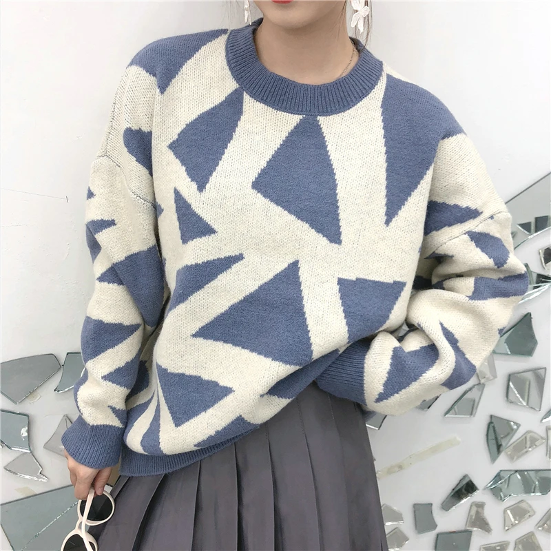 

2019 Autumn Women Sweaters O-neck Loose Korean Chic Pullovers Female Cashmere Plaid Crocheted Knitted Jumpers