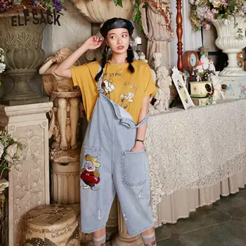 

ELFSACK Blue Cartoon Embroidery Casual Women Overall Denim Jeans 2020 Summer ELF Pocket Straight Korean Ladies Daily Jumpsuits