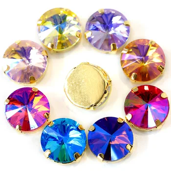 

5 Sizes Colorful Round Rivoli Sew On Rhinestones With Gold Claw Flatback Red AB Glass Sew On Claw Rhinestones For Garment B1023