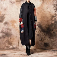Новинка года; однобортное пальто с круглым вырезом и карманами в стиле пэчворк; большие размеры; сезон осень-зима; женские плотные пальто с длинными рукавами