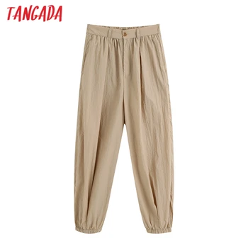 

Tangada women solikd khaki long pants trousers vintage style strethy waist lady casual pants pantalon BE734