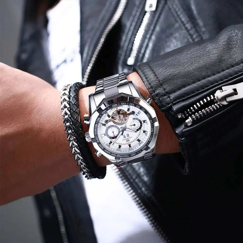 Forsining модные механические часы, автоматические мужские часы, нержавеющая сталь, 2 циферблата, турбийон, неделя, дата, повседневные мужские наручные часы