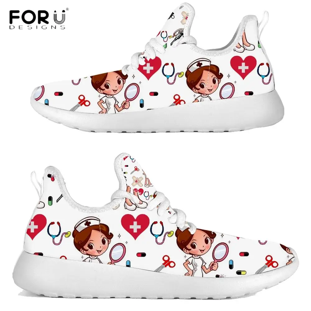

FORUDESIGNS Cute Cartoon Nurse Hospital Pattern Women's Flats Sneakers Casual Nursing Mesh Knit Sneakers Lightweight Female Shoe