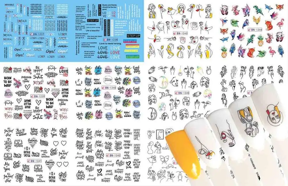 1 Набор, 12 видов конструкций Переводные Слайдеры для ногтей с русским текстом, сексуальная девушка с бабочкой, переводные наклейки для ногтей, полностью обернутые наклейки для дизайна ногтей, маникюрный набор - Цвет: BN1237-1248