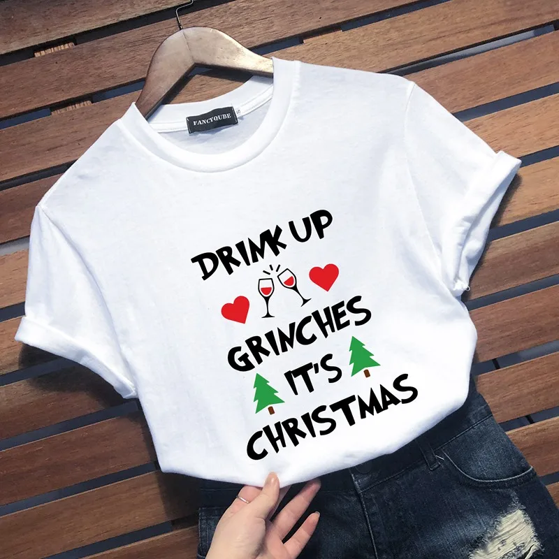 Футболка с надписью DRINK UP GRINCHES, Женская рождественская футболка с коротким рукавом и круглым вырезом, Женская Повседневная Уличная одежда, пуловер Harajuku, топы